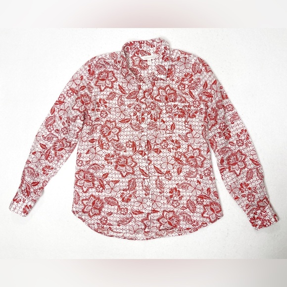 Garnet Hill Floral Button Up Top Women’s Size 0 European Flax Linen Long Sleeve - Picture 2 of 8